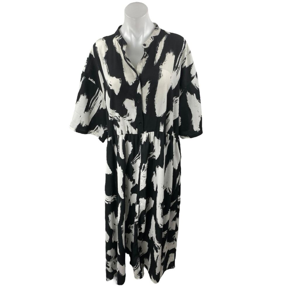 MONKL Black White Short Sleeve Abstract Button Front Maxi Shirt Dress Size XL